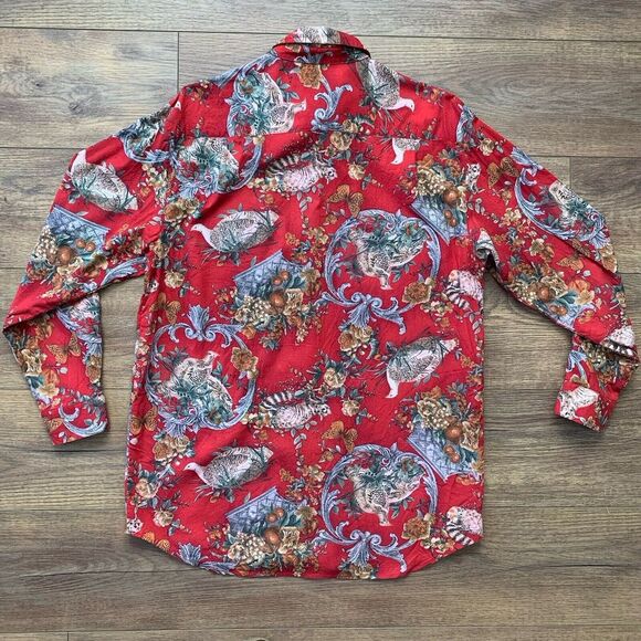 Hunt Club Women's Medium Red Nature Themed Collared Long Sleeve Button Up Top - Picture 12 of 16